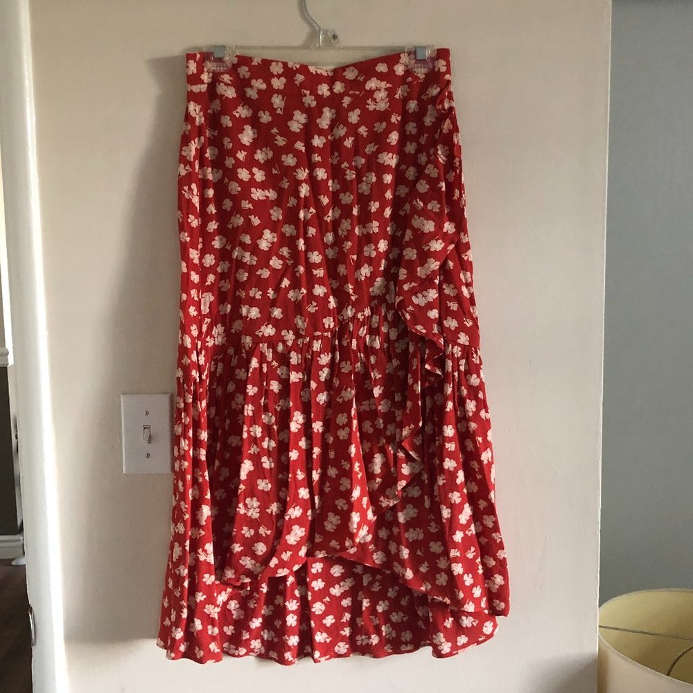 Madewell Red Midi Floral Skirt with Ruffle Detail